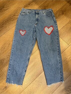 Vtg Denim Rider Blue Jeans custom Embroidered Heart cut outs sz16